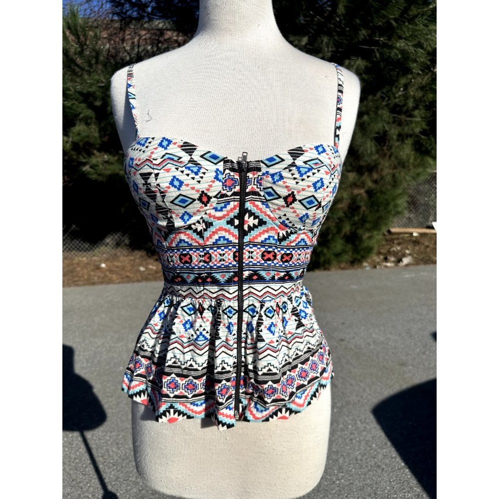 Forever 21 Top Medium Multicolor Tank Full Zip Sleeveless Western Rayon Womens